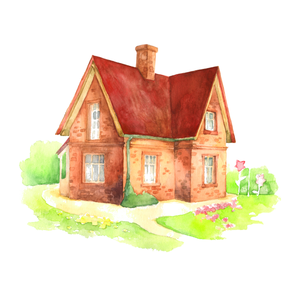Домик акварелью на белом фоне