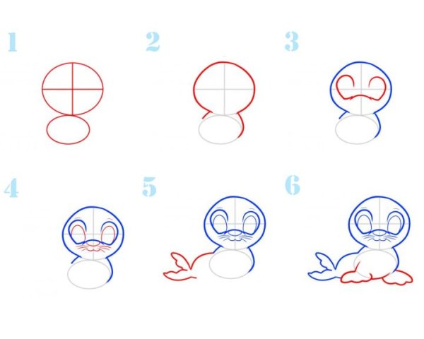 Поэтапное рисование тюленя для детей
