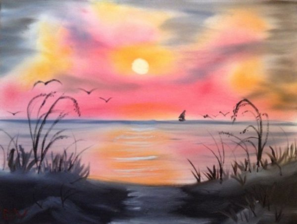 Летний закат акварелью для детей