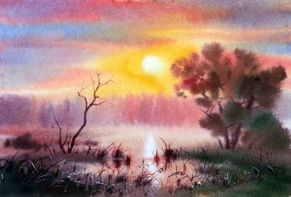 Акварель по сырому пейзаж