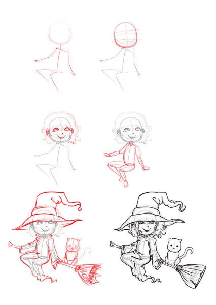 Поэтапное рисование ведьмы