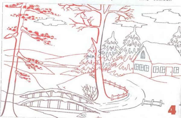 Зимний пейзаж поэтапное рисование