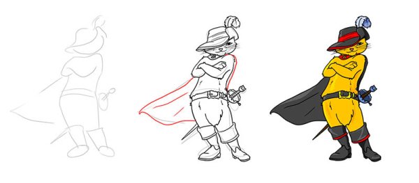 Кот в сапогах пошаговый рисунок