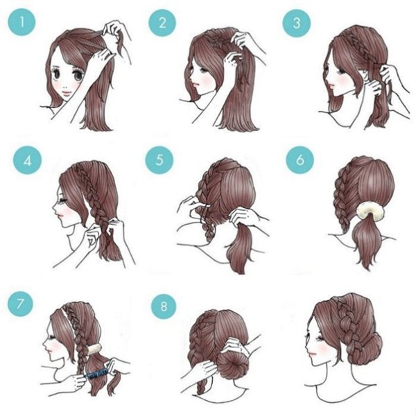 Схема прически низкий пучок с косой