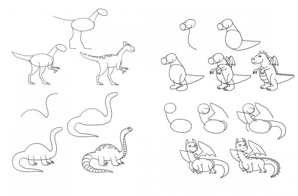 Поэтапное рисование динозавра