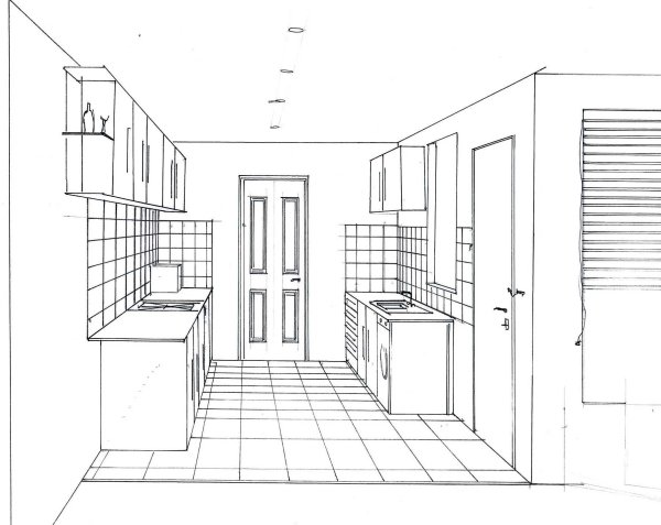 Фронтальная перспектива комнаты с мебелью