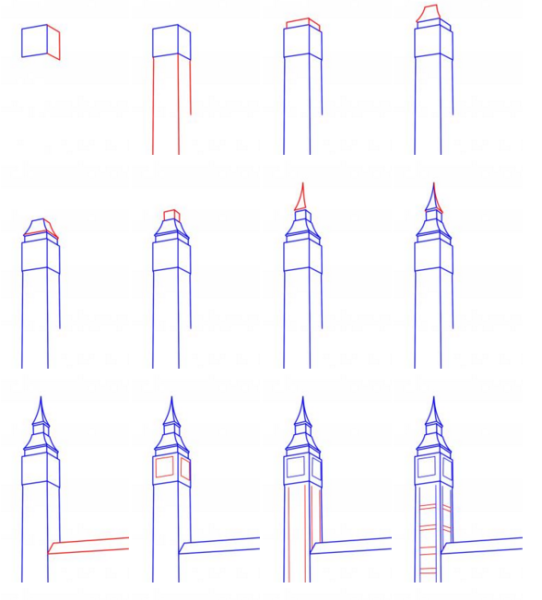 Нарисовать Биг Бен поэтапно