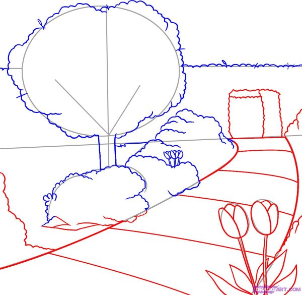 Поэтапное рисование в саду
