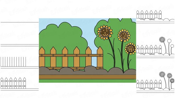 Рисунок сада для детей поэтапно