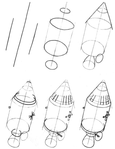 Поэтапное рисование ракеты для детей