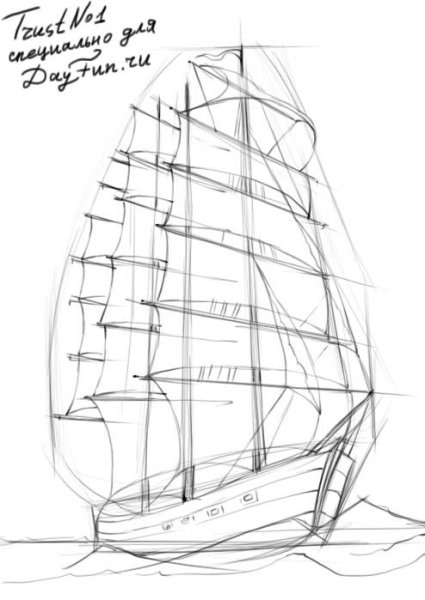 Поэтапное рисование корабля с парусами