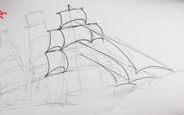 Поэтапное рисование корабля с парусами