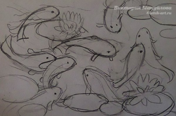 Рыбы в пруду карандашом