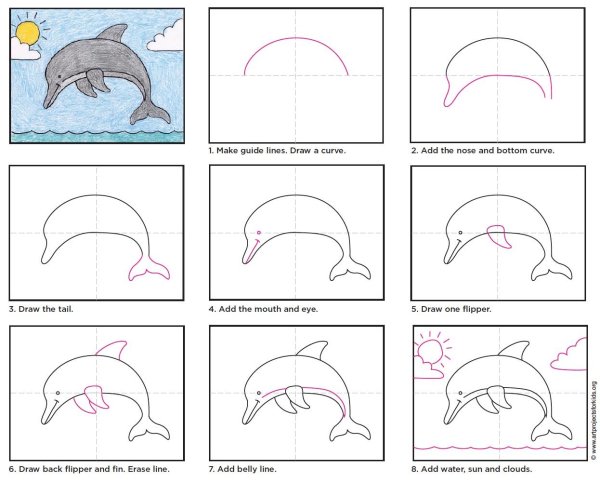Поэтапное рисование дельфина для детей