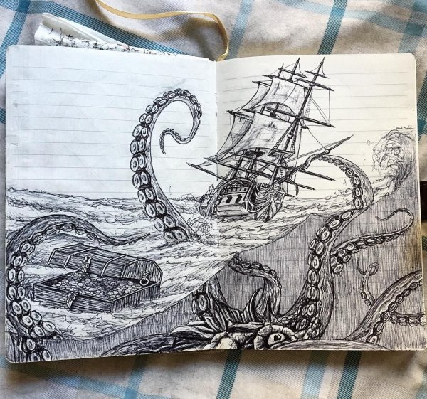 Корабль и Кракен карандаш