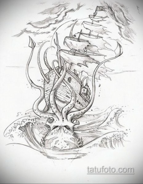 Кракен тату эскиз с кораблем