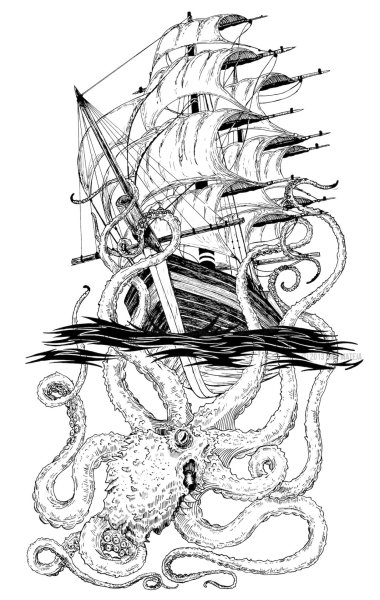 Кракен тату эскиз с кораблем