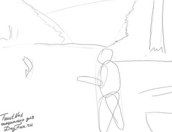 Рисуем рыбака карандашом поэтапно