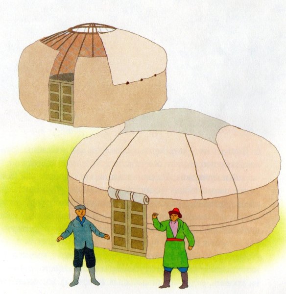 Горы с юртами карандашом