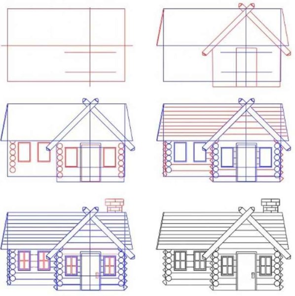 Поэтапное рисование русской избы
