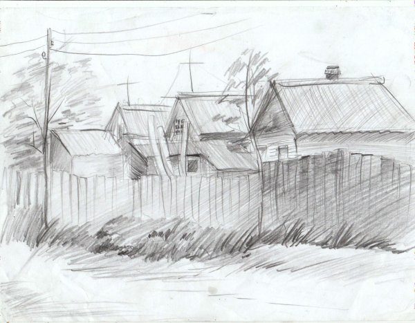 Деревенский пейзаж в графике