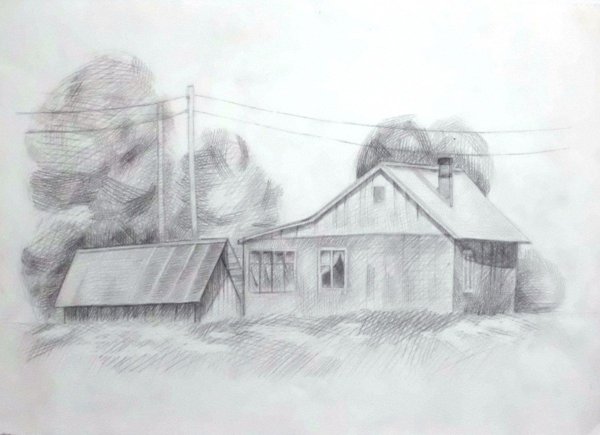 Пейзаж деревни карандашом