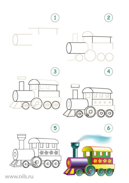 Поэтапное рисование паровоза для детей