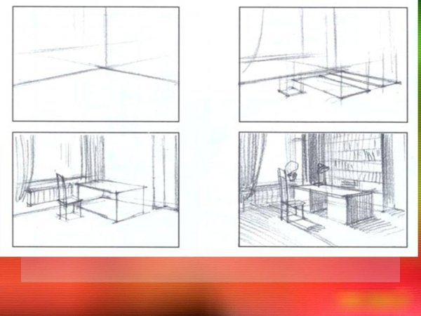 Этапы рисования интерьера комнаты