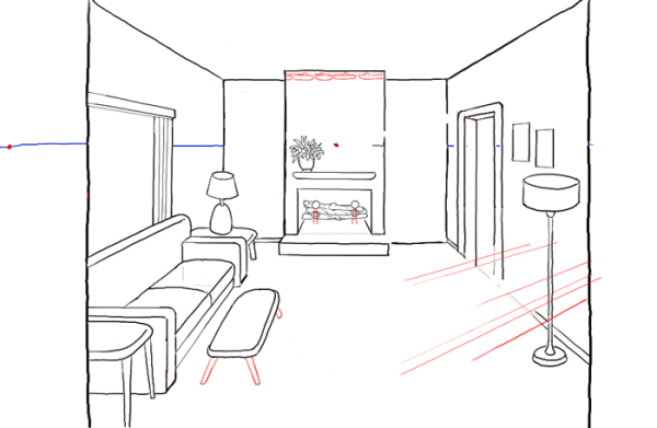 Рисование комнаты с мебелью