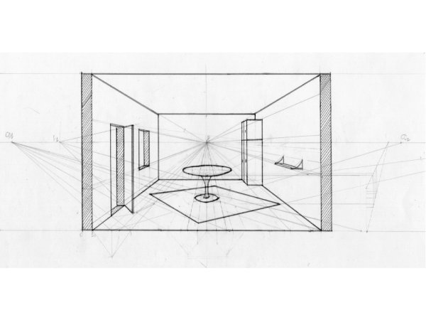 Построение фронтальной перспективы интерьера комнаты