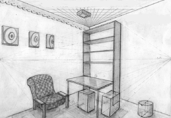 Угловая перспектива с двумя точками схода интерьер