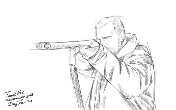 Рисунок охотника с ружьем карандашом