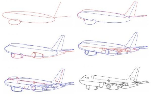 Пошаговое рисование самолета для детей