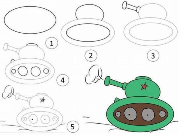 Пошаговое рисование танка для детей