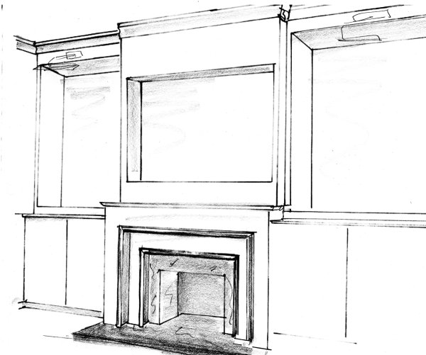 Комната с камином в перспективе