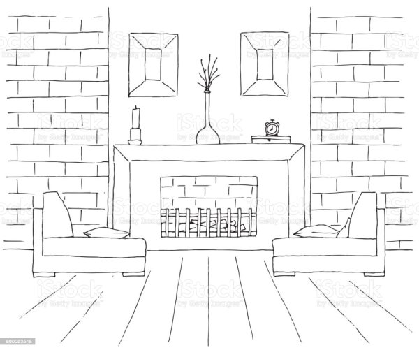 Нарисованная комната с камином