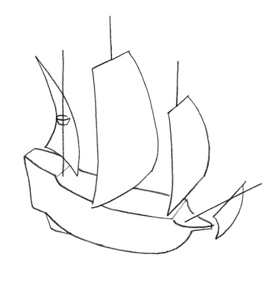 Поэтапное рисование корабля с парусами