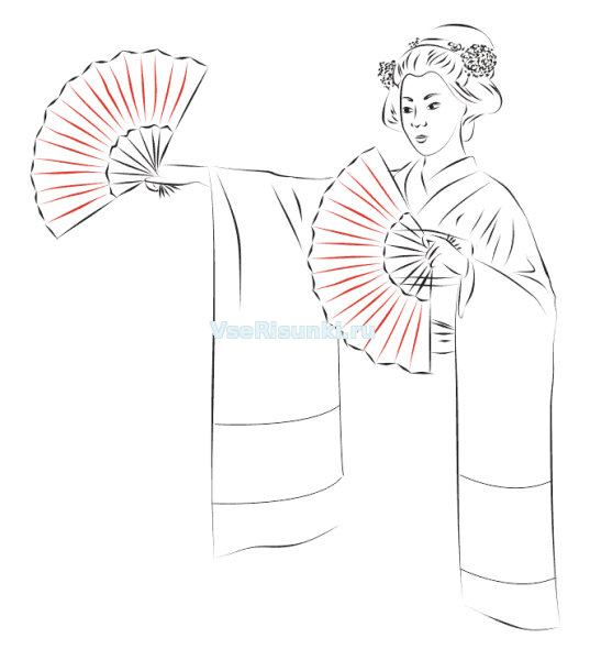 Японка в кимоно рисунок карандашом