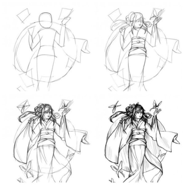 Темная фигура девушки в кимоно контур