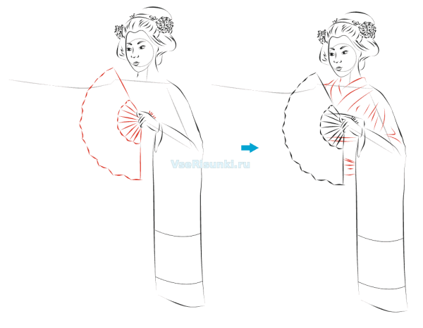 Поэтапный рисунок японки в кимоно