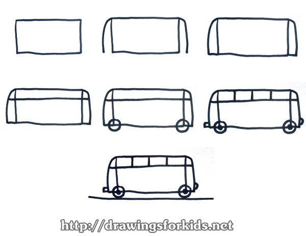 Этапы рисования автобуса