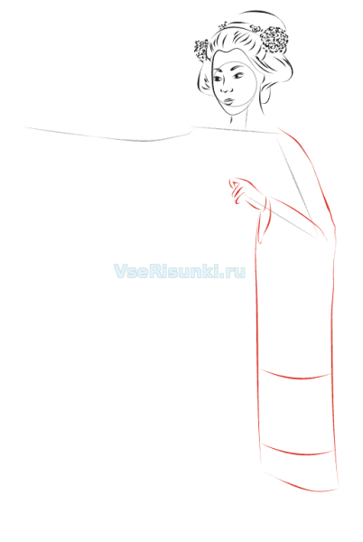 Поэтапный рисунок японки в кимоно