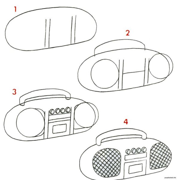 Поэтапное рисование магнитофона