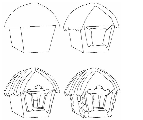 Этапы рисование избушки