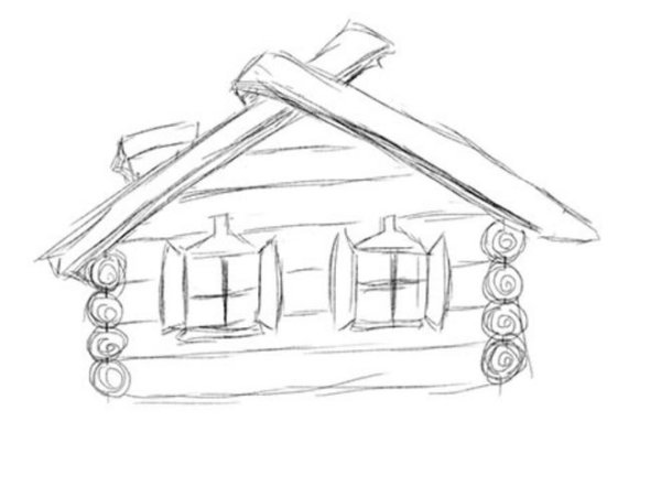 Деревянная изба карандашом