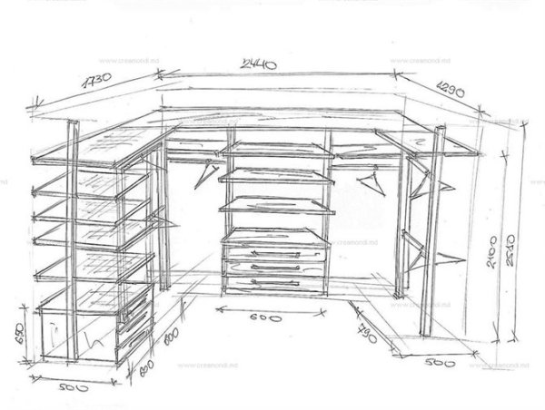 Чертеж гардеробной с размерами 3.5кв2