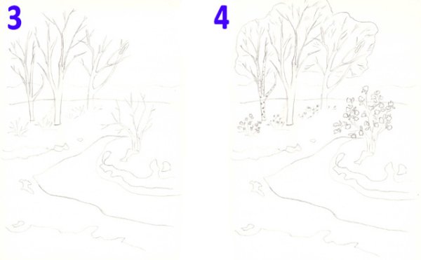 Пейзаж весенний карандашом пошагово