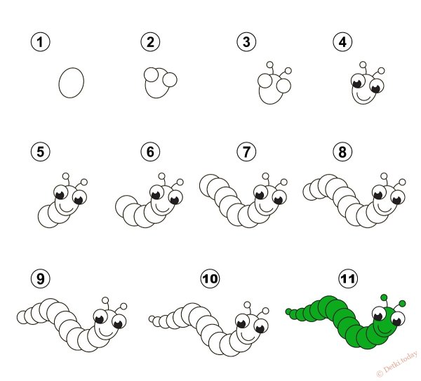 Поэтапное рисование гусеницы для детей
