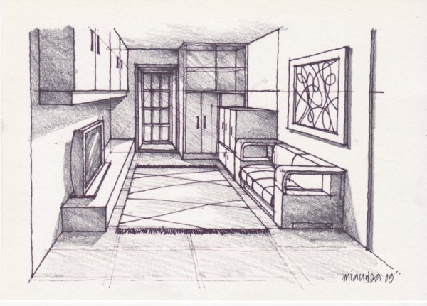 Фронтальная перспектива интерьера Наброски