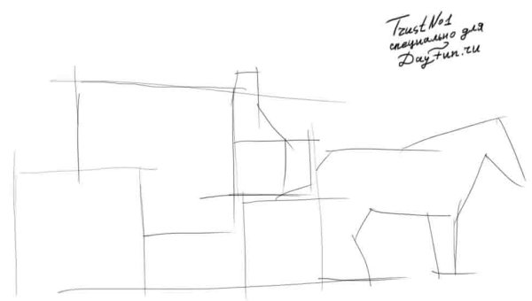 Рисунок лошади с повозкой карандашом пошагово